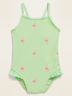 Old Navy Toddler Cross-Back Ruffle-Trim Swimsuit Soft Limon Flamingos Size 2T 3T
