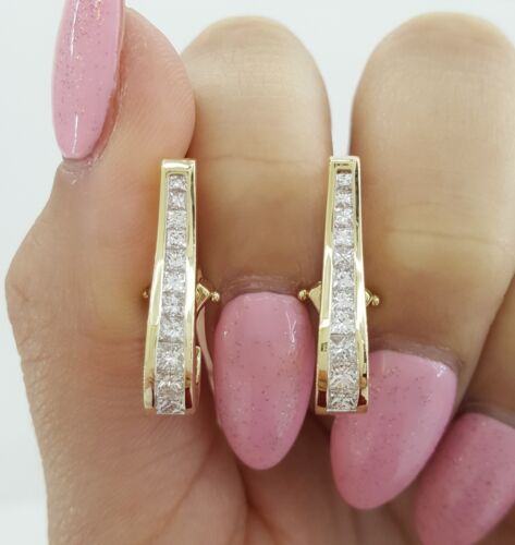 Princess Diamond Channel Set Omega Hoop Earrings 1.2 ct 14K Yellow Gold - Picture 4 of 7