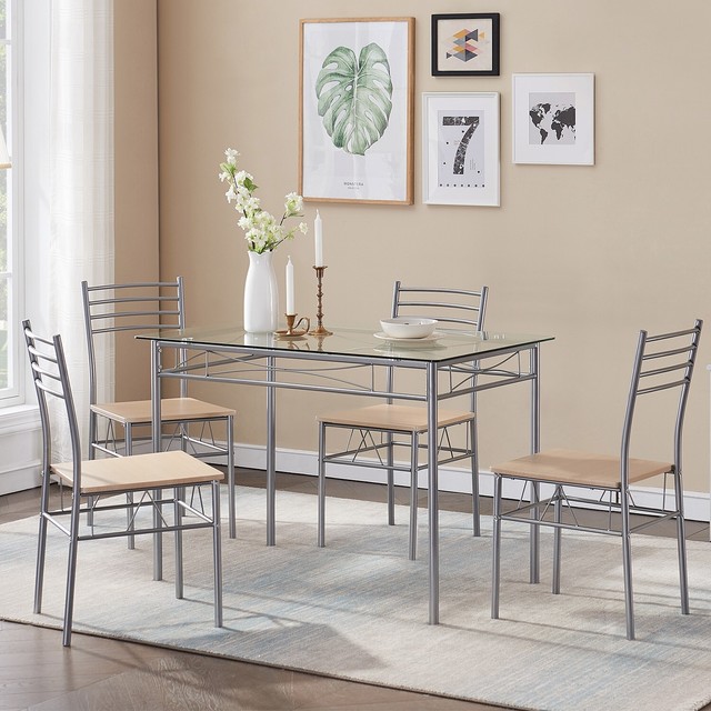 5 Piece Dining Table Set 4 Chairs Glass Top Home Kitchen Breakfast Black Table 5 Piece Dining Table Set 4 Chairs Glass Top Home Kitchen Breakfast Black Table