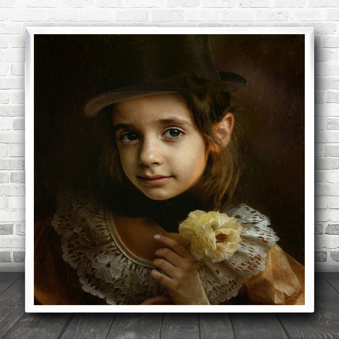 Child Cute Half Body Brown Flower Hat Eyes Lace Petals Yellow Wall Art Print