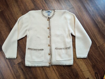 Segue Ivory Brown Gold Women's Small Button Up Cardigan Knit Sweater Pockets