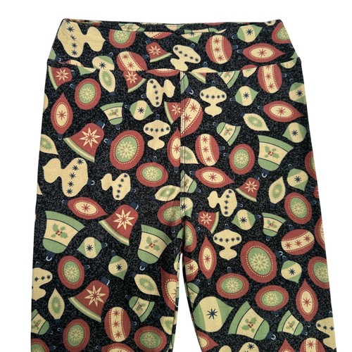 LuLaRoe Vintage Retro Ornaments Christmas Tree Holiday Santa Black Leggings L/XL - Picture 2 of 6