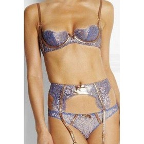 Agent Provocateur Soiree Samarra Blue Lace & Bronze Leather 3 Pc Set 34D/2 small
