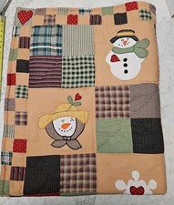 Sherpa Lined Lap Quilt Throw Christmas Theme Snowmen Hearts 60x48 In