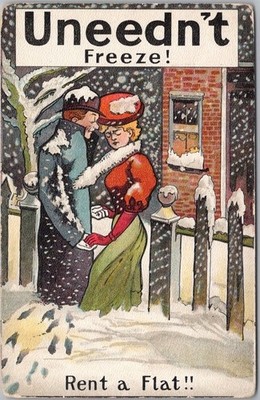 Vintage 1910s COMIC Greetings Postcard ''UNEEDN'T FREEZE! - Rent a Flat!'' Unused