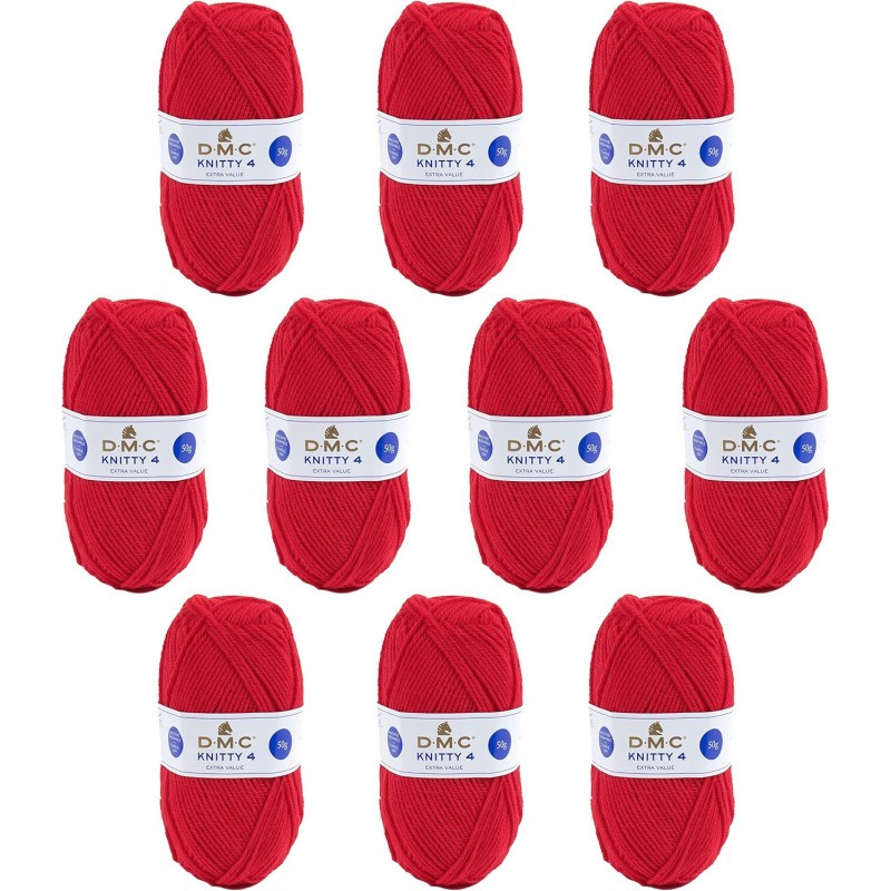 Fil DMC Knitty 4 rouge anti-pilling, 10 pelotes de laine acrylique douce pour tricot