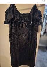 ZARA Black Sequin V-Neck Short Sleeve Mini Dr...