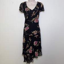 VTG 90s Women Fairy Grunge Midi Dress 6 Black Whimsigoth Asymmetrical Hem Floral