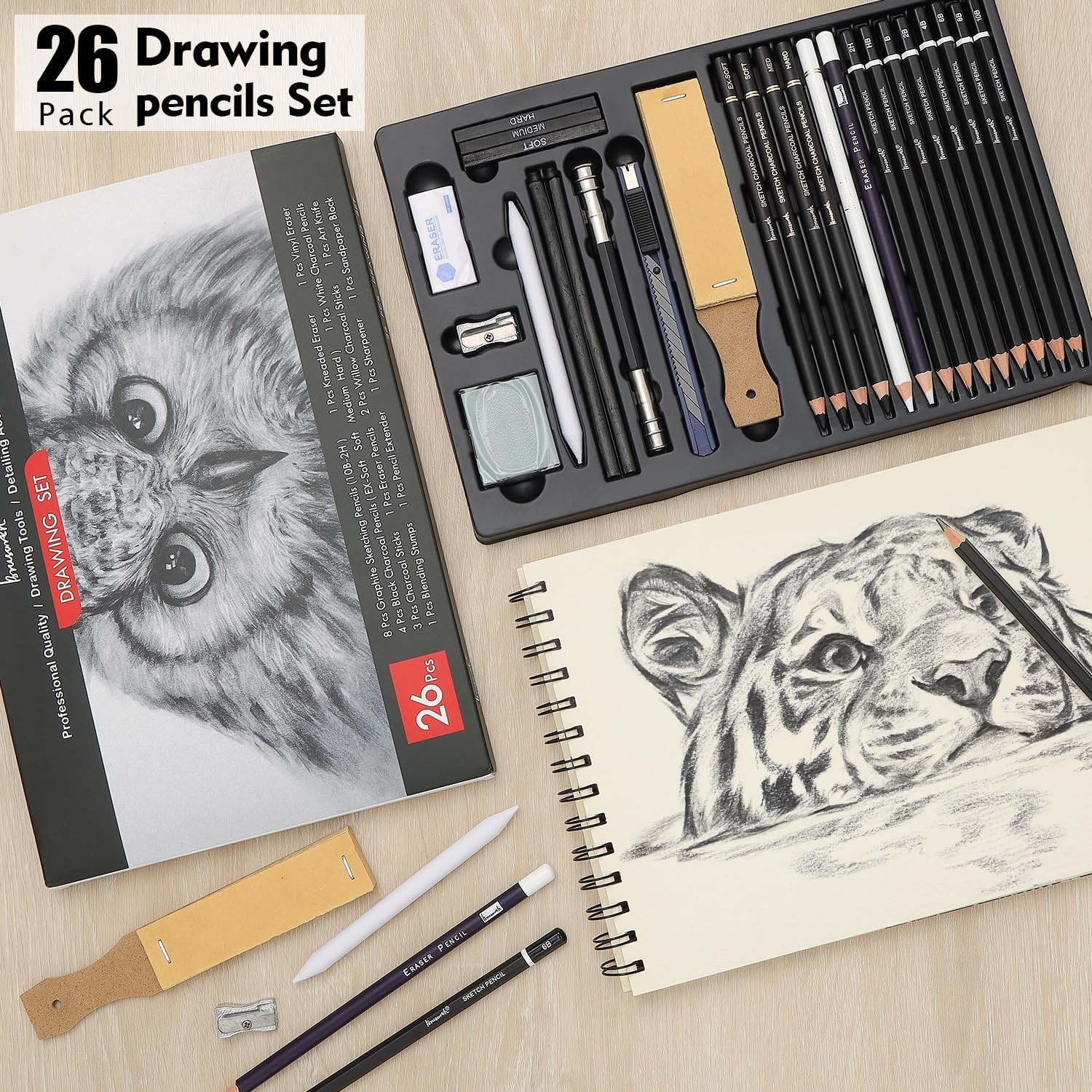 Charcoal Pencils for Drawing, Set of 26, Professional Drawing Sketch Pencils, Ar