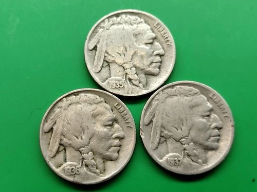 1935 36 37 Buffalo Nickels. Full Date Good Cir Coins.