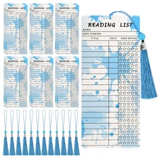 12 Pcs Reading List Bookmarks with Blue Tassels Book Tracker Library Card