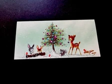 1 VTG Norcross Xmas Greeting Card Deer By 🌲 W/ Squirrel, Bunnies & Red Birds