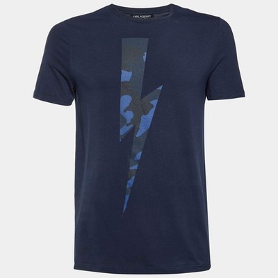 Neil Barrett Navy Blue Lightning Bolt Print Cotton Crew Neck TShirt S