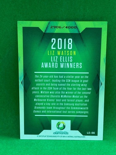 Liz Watson Liz Ellis Award Winners 2019 Super Netball Card #LE-06 d#2906/4000 - Picture 2 of 2