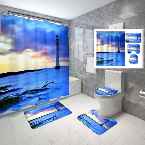 Lighthouse Sunrise Shower Curtain Set Bathroom Rug Thick Bath Mat Lid Cover Gift - Picture 10 of 37