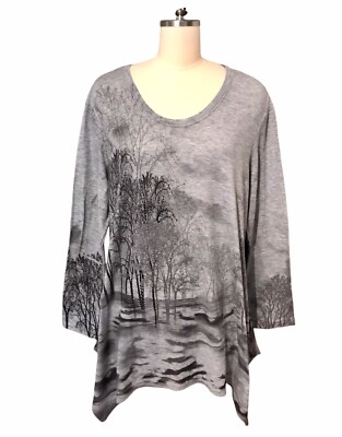 Jess & Jane Sparkling Forest Tunic Top Asymmetric Gray Bling Women s Sz XL