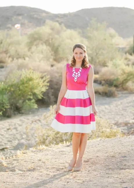 Abito svasato Kate Spade New York rosa caldo colore blocco righe Celina skater 2 = XS