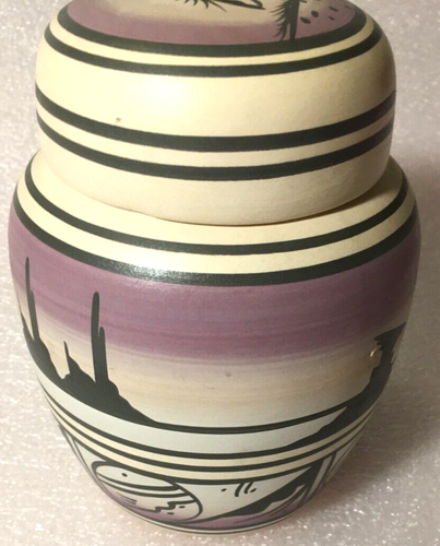 Navajo Native American Landscape Jar w/Lid Signed & Hand Painted 6" Tall - Picture 2 of 8