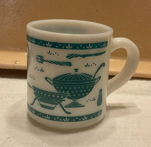 Vintage MCM Hazel Atlas Kitchen Aids Coffee Tea Mug Milk Glass Turquoise White
