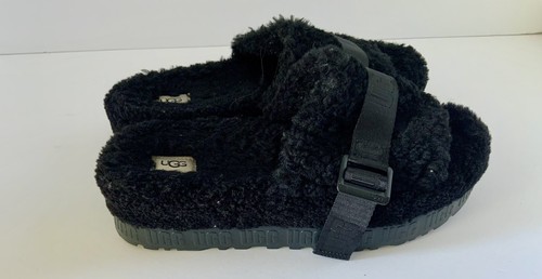 UGG Black Fluffita Sheepskin Fluff Slide Platform Sandals Slippers - Picture 2 of 5