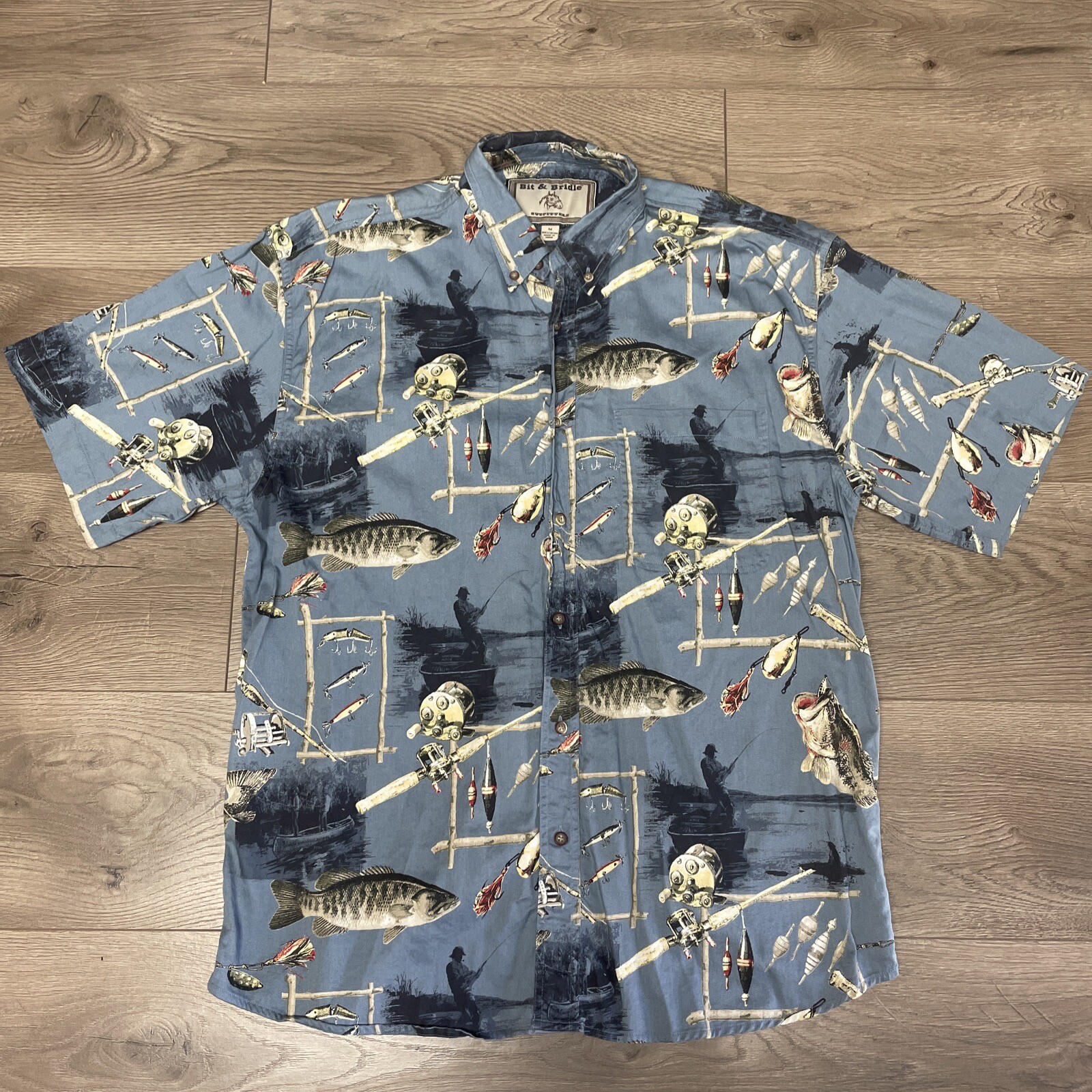 Bit & Bridle Men’s Sz M All Over Print Fish Lures Reels Blue Button S/S Shirt