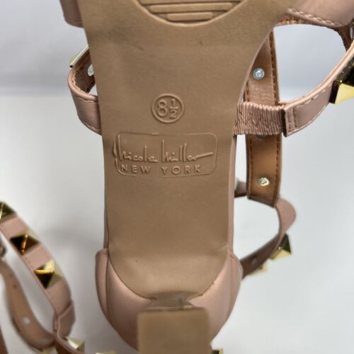 Nicole Miller 8.5 Nude Shirley Pyramid Stud high heel square Sandals gold punk - Picture 9 of 10