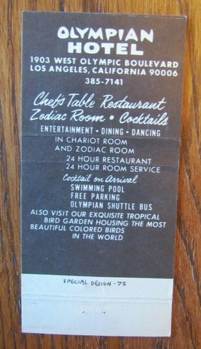 LOS ANGELES, CALIFORNIA MATCHBOOK MATCHCOVER: OLYMPIAN HOTEL & RESTAURANT -E - Picture 2 of 2