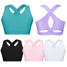 Kids Girls Basic Sports Bra Sleeveless Crisscross Keyhole Back Crop Top Dance