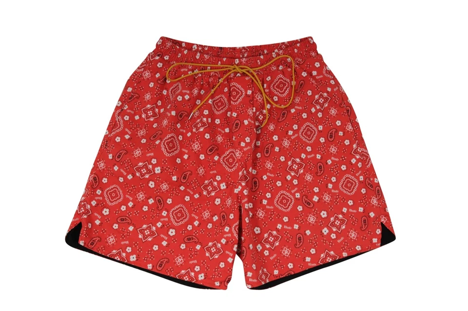 Pantalones Cortos Bermudas Rhude Hombres Grandes Rojo Blanco Bandana Estampado Paisley Cordón Cintura Foto 2 de 4