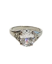 Oval 10mm Cubic Zirconia Solitaire Ring Sz 7 Silver Tone Filigree Engagement EUC
