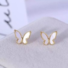 Gold Plated Faux White Opal Butterfly Stud Earrings Women Daughter Girl E35