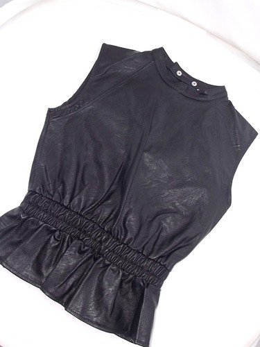 New Collection Blusa Donna 46 Xl Extra Large Nero Ecopelle Made Italy Smanicato - Picture 4 of 9