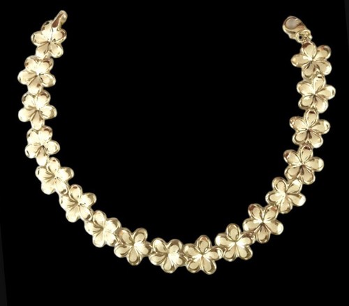 14k Gold Plumeria Flower Hawaii Bracelet, 9” - Picture 2 of 5
