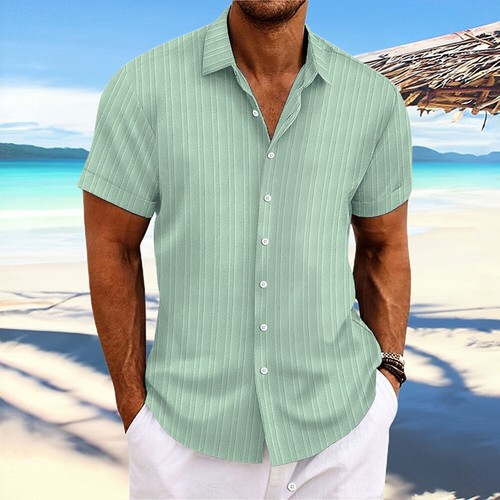Mens Striped Button Down Shirts Grandad Summer Short Sleeve Casual T Shirt Tops - Picture 13 of 33
