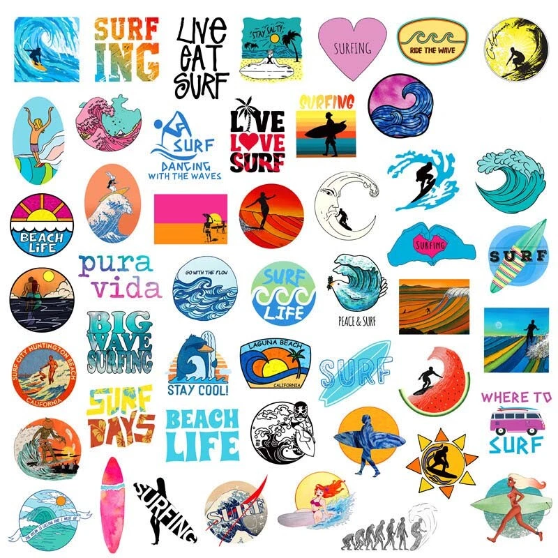 50 pcs SURFING STICKERS, Summer Beach Sea Cool Vinyl Stickers Lot | eBay