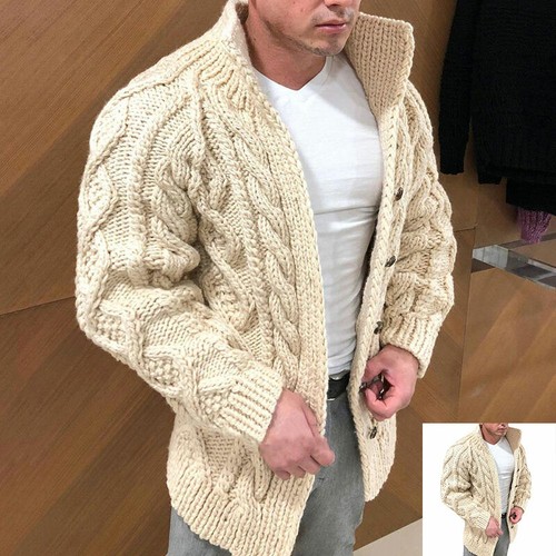 Mens Warm Cardigan Chunky Cable Knitted 