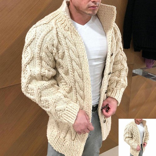 Mens Warm Cardigan Chunky Cable Knitted Sweater Coat Jumper Knitwear Outwear US - Afbeelding 1 van 14