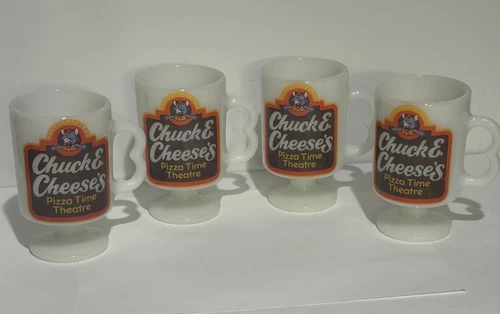 Vtg 1980s 4 Chuck E Cheese Milk Glass Pedestal Coffee Mug Double Finger Handle