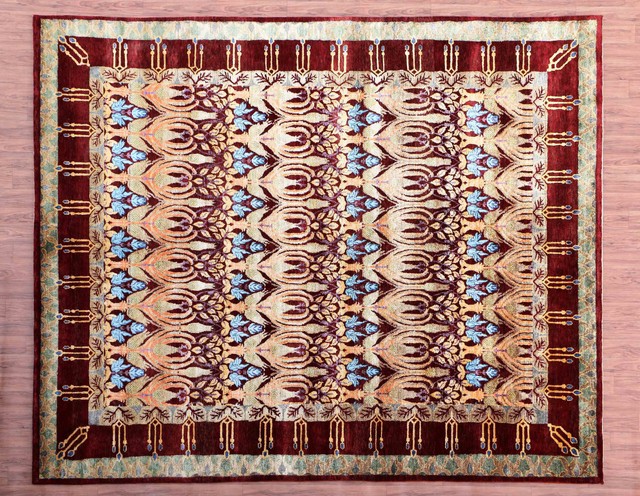 8 X10 Tulip Ikat Red Color Wool Bamboo Silk Handmade Oriental Area Rugs