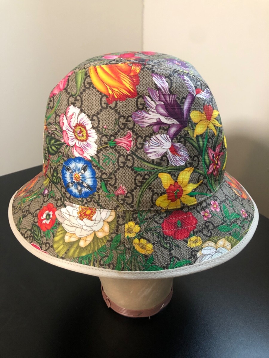 Auth Gucci Canvas Monogram w/Floral Print Bucket Hat Off  display picture 1