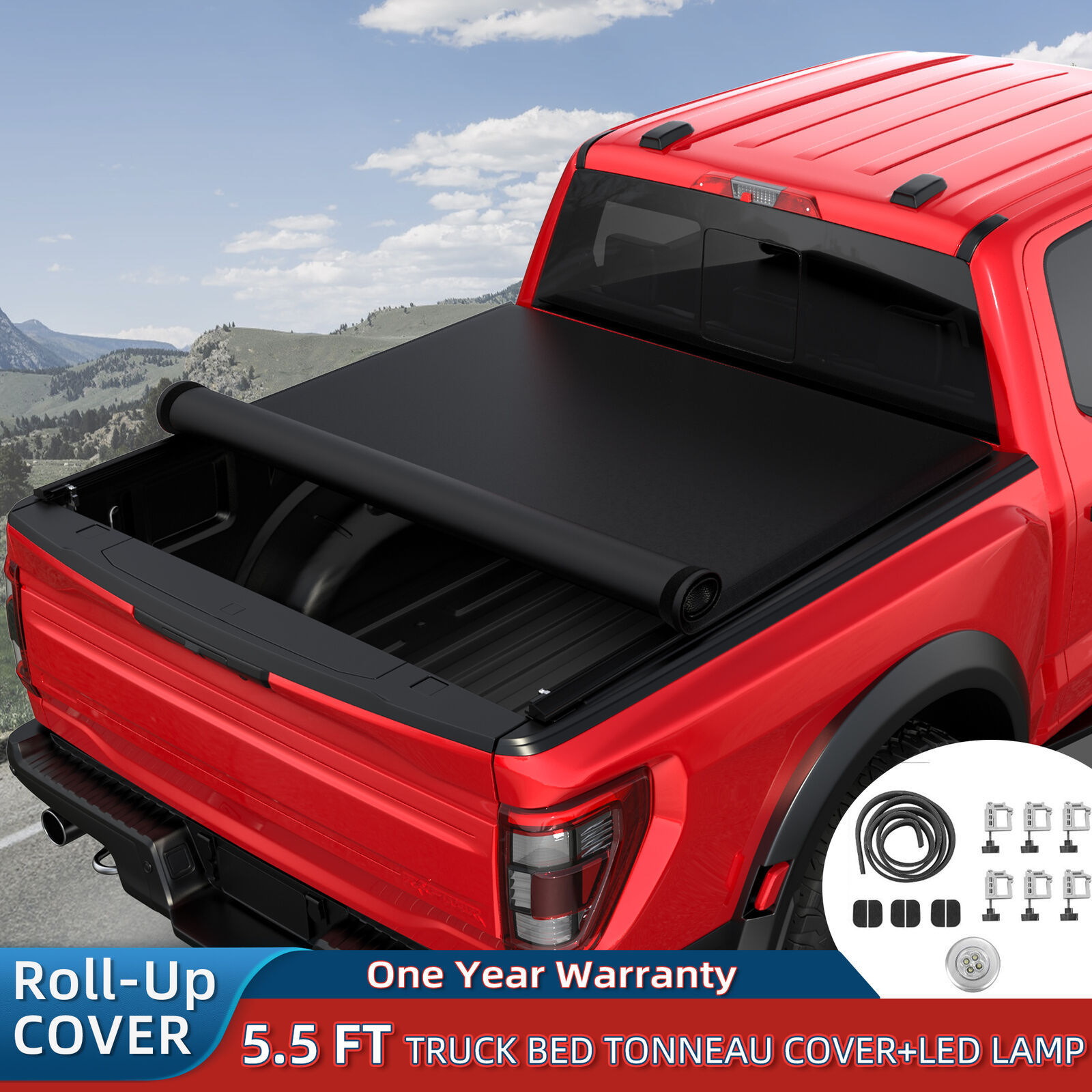 5.5FT Tonneau Cover Roll Up Soft For 2009-2024 Ford F-150 Short Truck Bed W/ LED