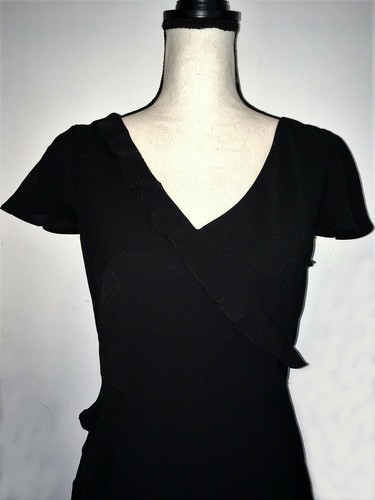 ADRIANNA PAPELL Women's 4 Black Poly V-Neck Cap Sleeve Ruffle A-Line Dress - Picture 2 of 11