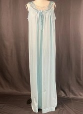 Vintage Miss Elaine Light Blue Nylon With Lace Yoke Long Flowing Nightgown