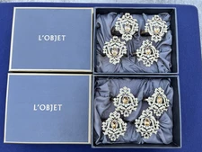 L'Objet Jeweled Rhinestone Napkin Ring Set 8 Gold Crest Swarovski Crystals