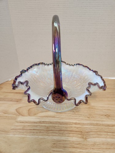 Fenton French Opalescent Cardinal Glass Plum Crest Basket 1993 Signed BillFenton - Picture 4 of 7