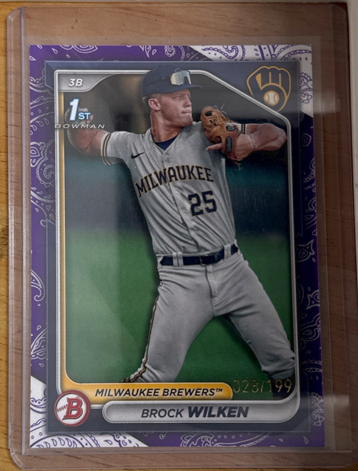2024 Bowman Baseball 1st Paper Purple 028/199 Milwaukee Brewers - BROCK WILKEN