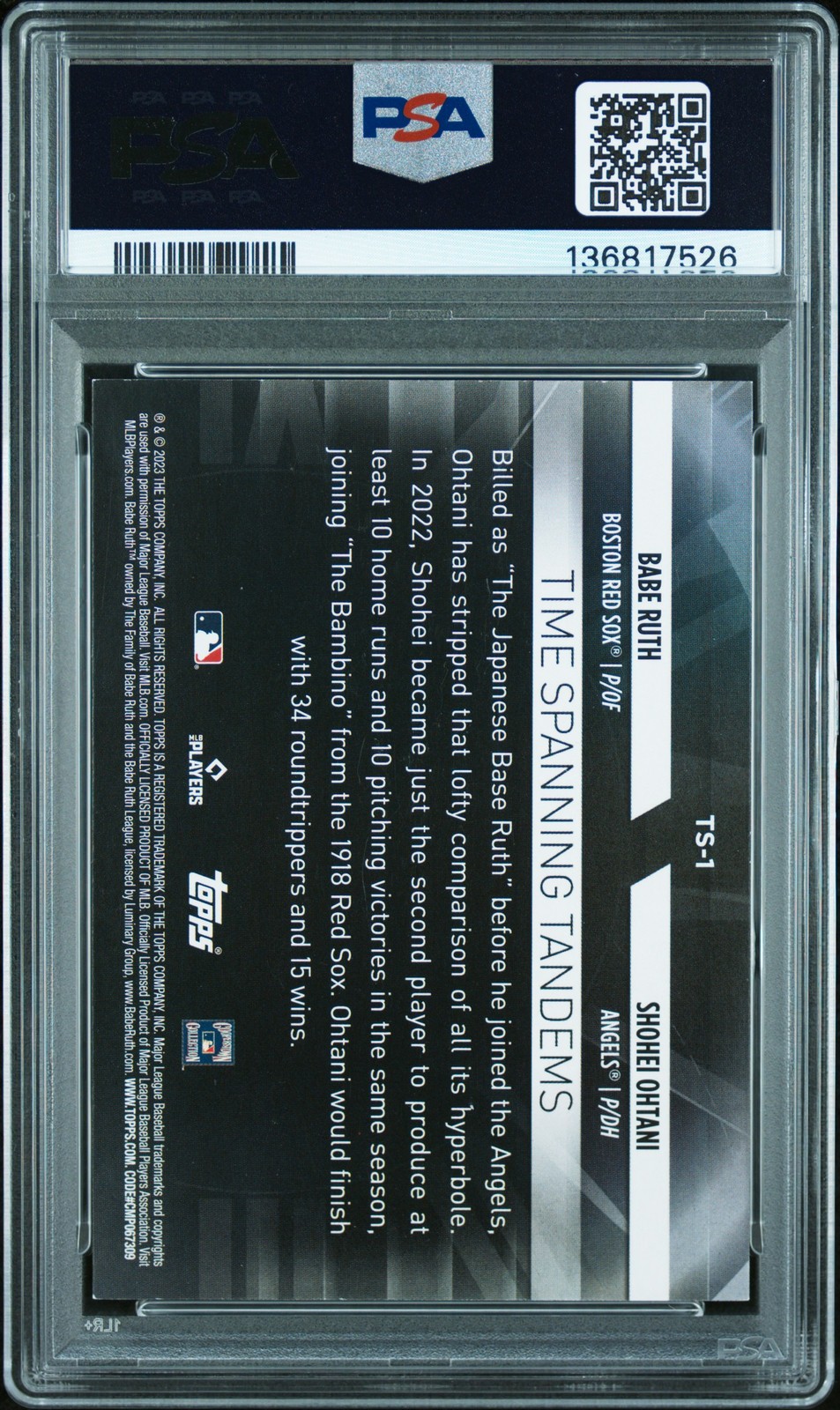TOPPS UPDATE TIME SPANNING TANDEMS BABE RUTH/SHOHEI OHTANI PSA AUTHENTIC AUTO 9 view 2