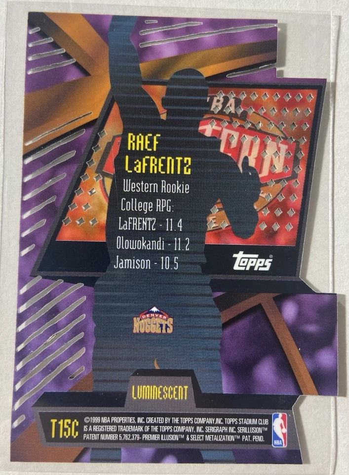 Inserto luminiscente de novato Raef LaFrentz 1998-99 Stadium Club Triumvirate - 1:96 Foto 4 de 4