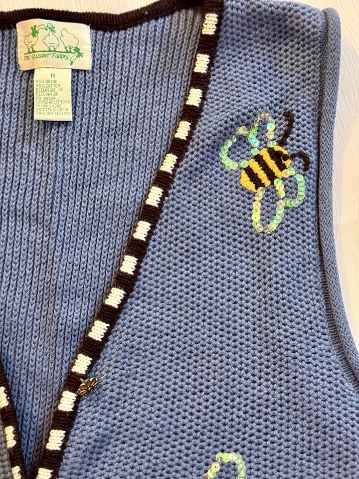The Quacker Factory Sweater Vest 1X Bumble Bee Embroidered Floral Grannycore Y2K - Image 4 of 4