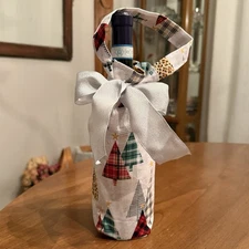 Handmade Fabric Wine Bottle Gift Bag | Tree Print & Silver Ribbon